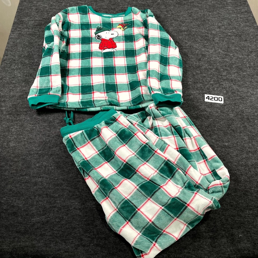Peanuts 2 Piece Pajama Set Womens Large Multicolor Buffalo Plaid‎ Fleece Lined
